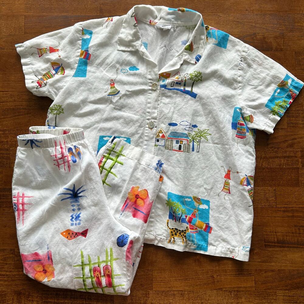 Hot Cotton Tropical Linen blend 2-Piece Set, Size L Top / M Pant cropped